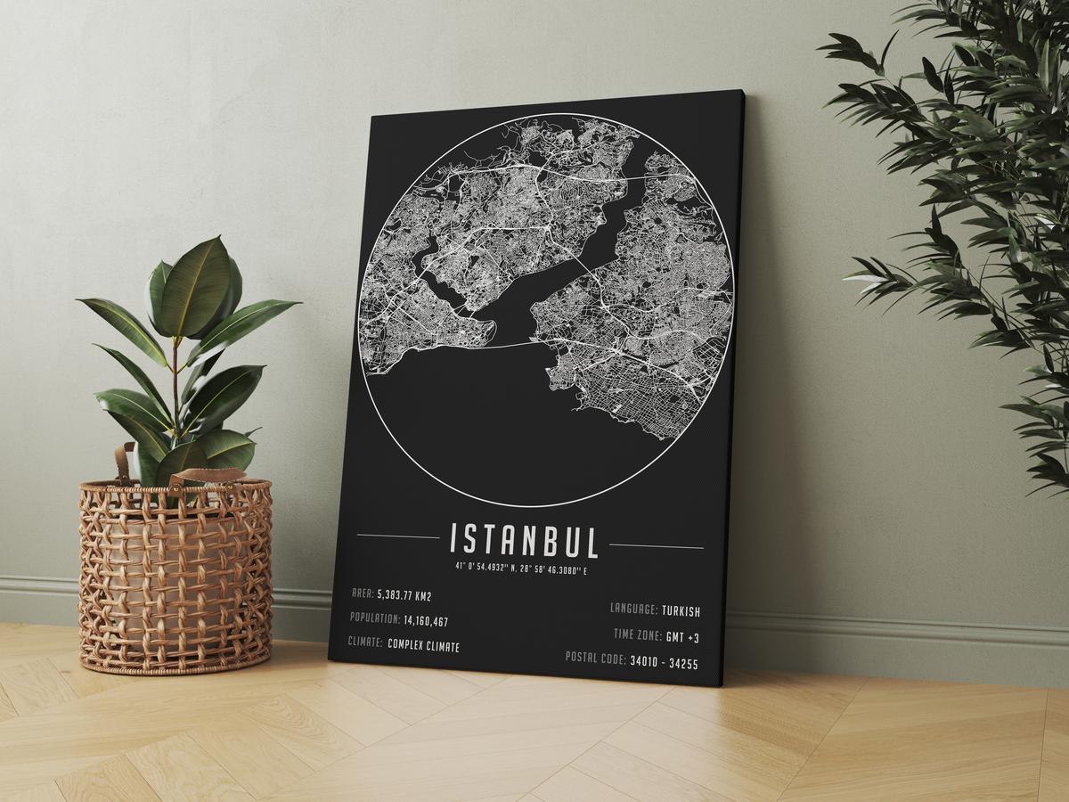 İstanbul temalı kanvas tablo, 50x70 cm, siyah beyaz, ahşap çerçeveli, modern minimalist duvar dekorasyonu için ideal tasarım