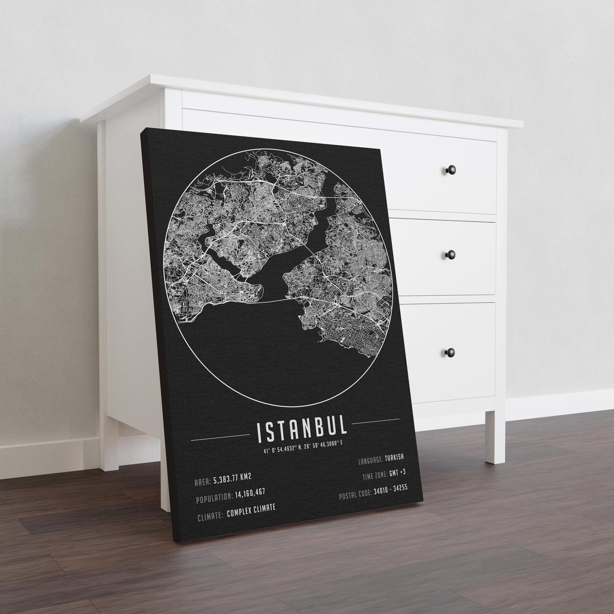 İstanbul temalı kanvas tablo, 50x70 cm, siyah beyaz, ahşap çerçeveli, modern minimalist duvar dekorasyonu için ideal tasarım