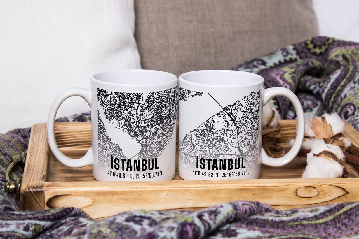 İstanbul Şehir Haritası Baskılı Porselen Kupa Bardak