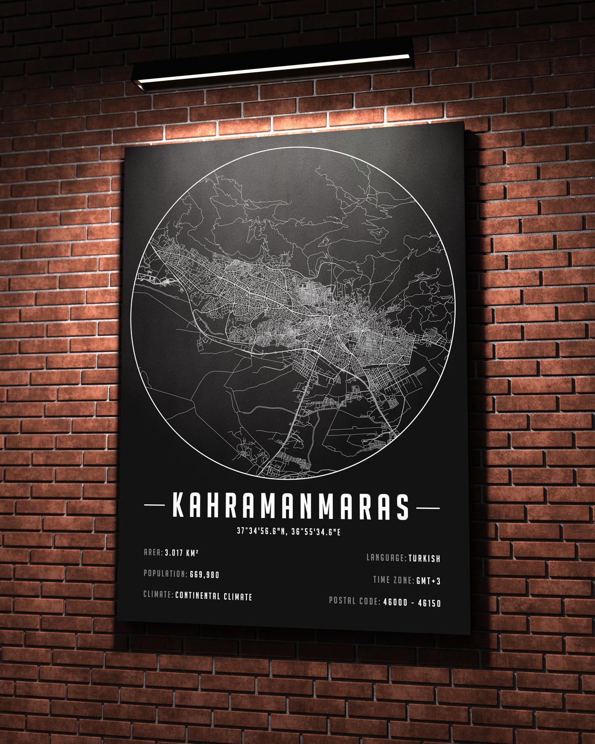Kahramanmaraş temalı kanvas tablo, 50x70 cm, siyah beyaz, ahşap çerçeveli modern minimal duvar dekorasyonu için ideal tasarım