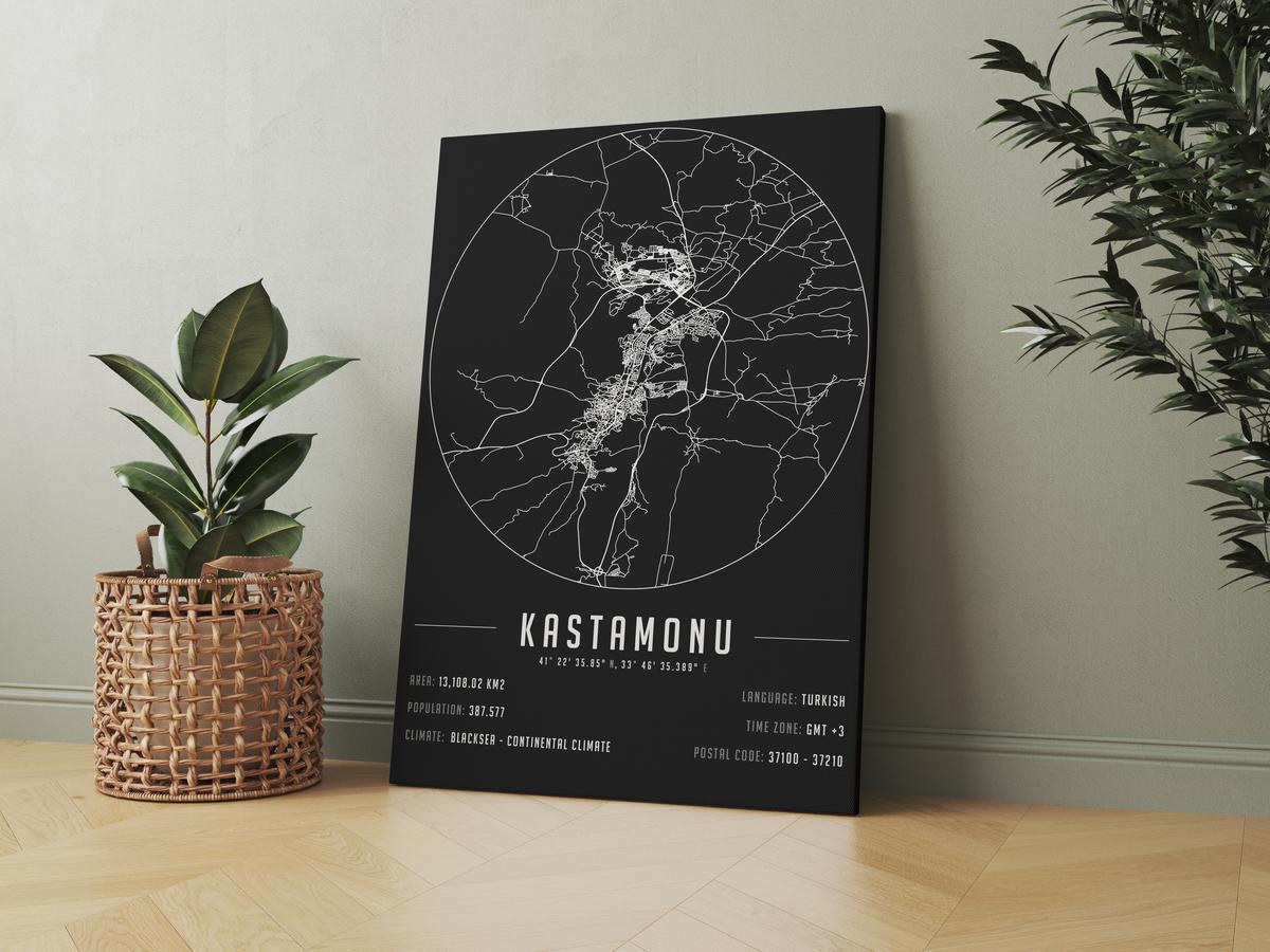 Kastamonu temalı kanvas tablo, 50x70 cm, siyah beyaz, ahşap çerçeveli, modern minimalist duvar dekorasyonu için ideal tasarım