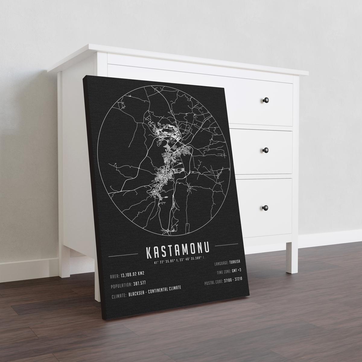 Kastamonu temalı kanvas tablo, 50x70 cm, siyah beyaz, ahşap çerçeveli, modern minimalist duvar dekorasyonu için ideal tasarım