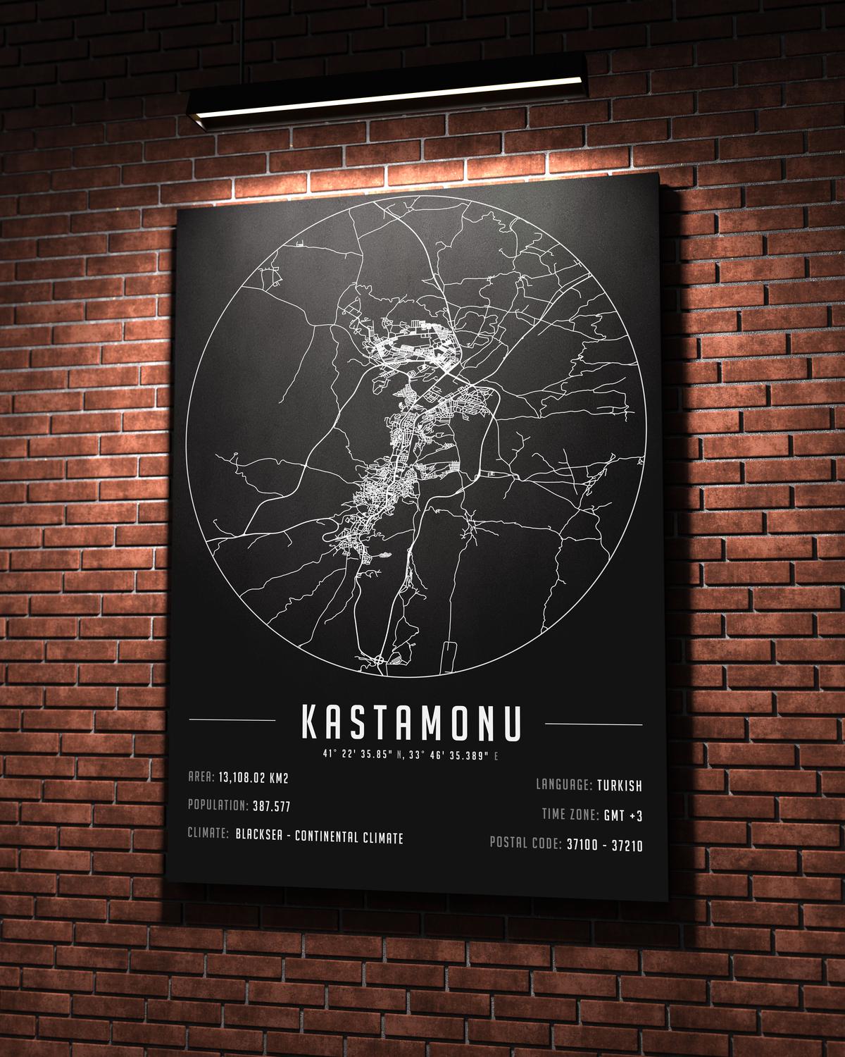 Kastamonu temalı kanvas tablo, 50x70 cm, siyah beyaz, ahşap çerçeveli, modern minimalist duvar dekorasyonu için ideal tasarım
