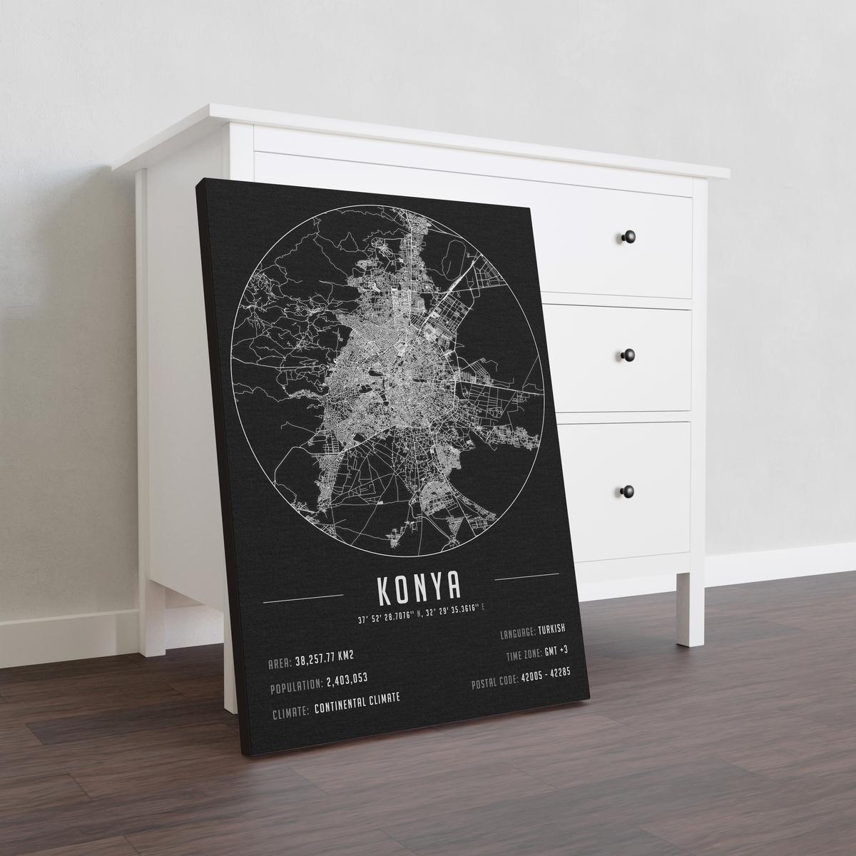Konya temalı kanvas tablo, 50x70 cm, siyah beyaz, ahşap çerçeveli, modern minimalist duvar dekorasyonu için ideal tasarım