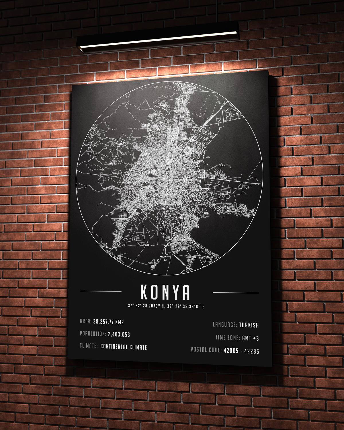 Konya temalı kanvas tablo, 50x70 cm, siyah beyaz, ahşap çerçeveli, modern minimalist duvar dekorasyonu için ideal tasarım
