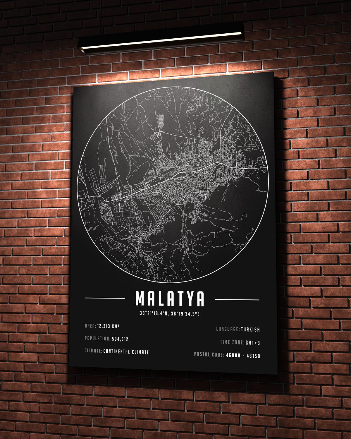 Malatya temalı kanvas tablo, 50x70 cm, siyah beyaz, ahşap çerçeveli, modern minimalist duvar dekorasyonu için ideal tasarım