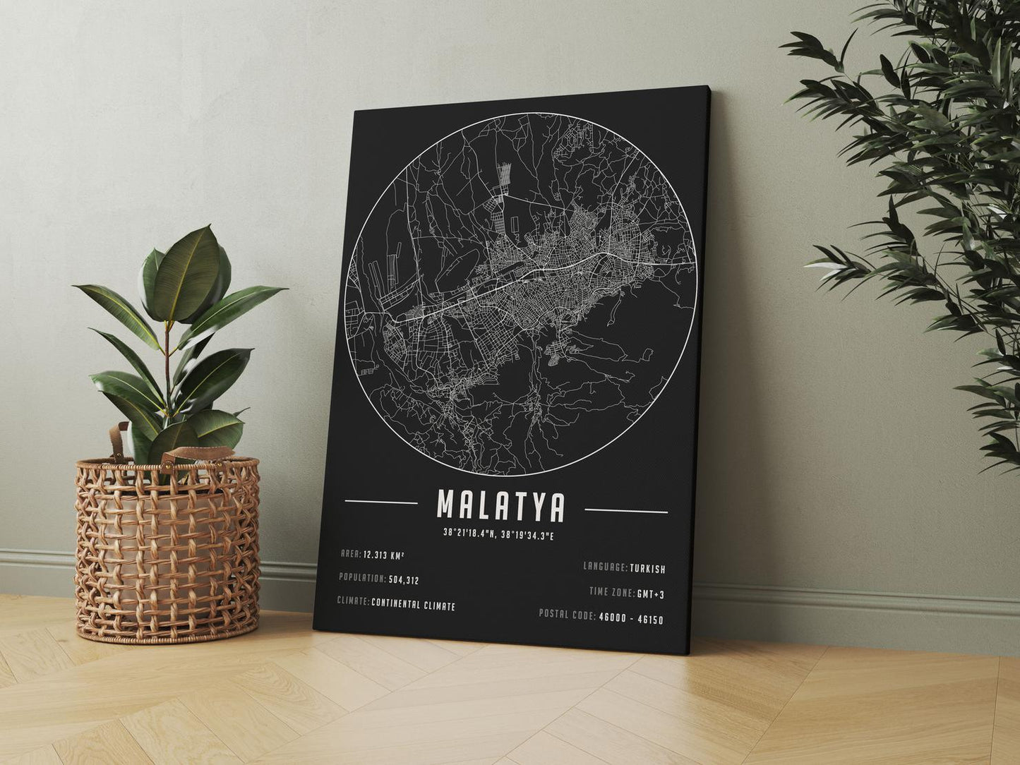 Malatya temalı kanvas tablo, 50x70 cm, siyah beyaz, ahşap çerçeveli, modern minimalist duvar dekorasyonu için ideal tasarım