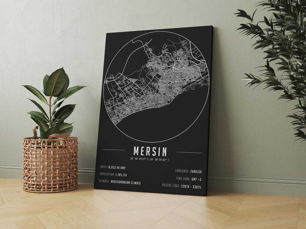 Mersin temalı kanvas tablo, 50x70 cm, siyah beyaz, ahşap çerçeveli, modern minimalist duvar dekorasyonu için ideal tasarım