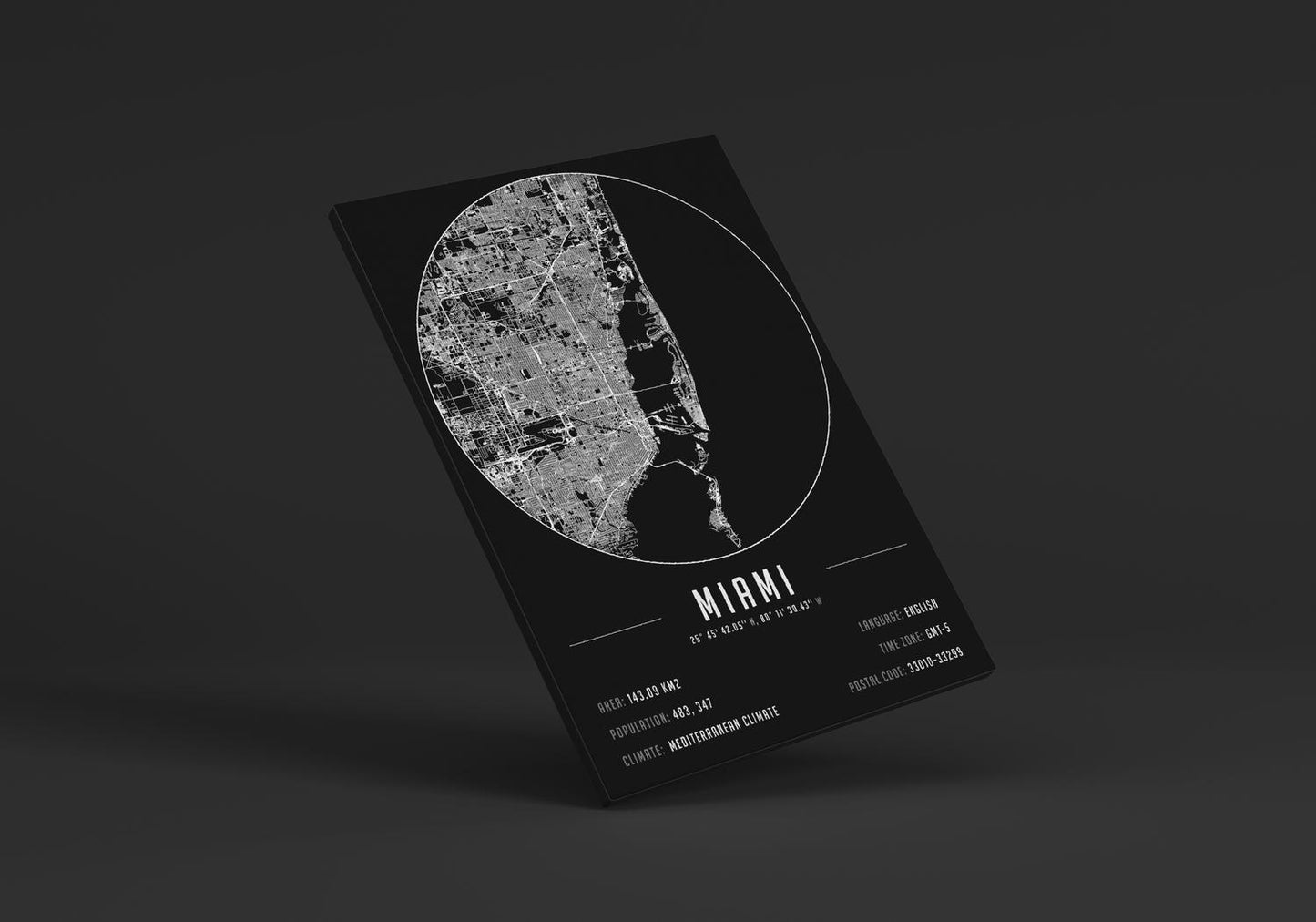 Miami temalı kanvas tablo, 50x70 cm, siyah beyaz, ahşap çerçeveli, modern minimalist duvar dekorasyonu için ideal tasarım