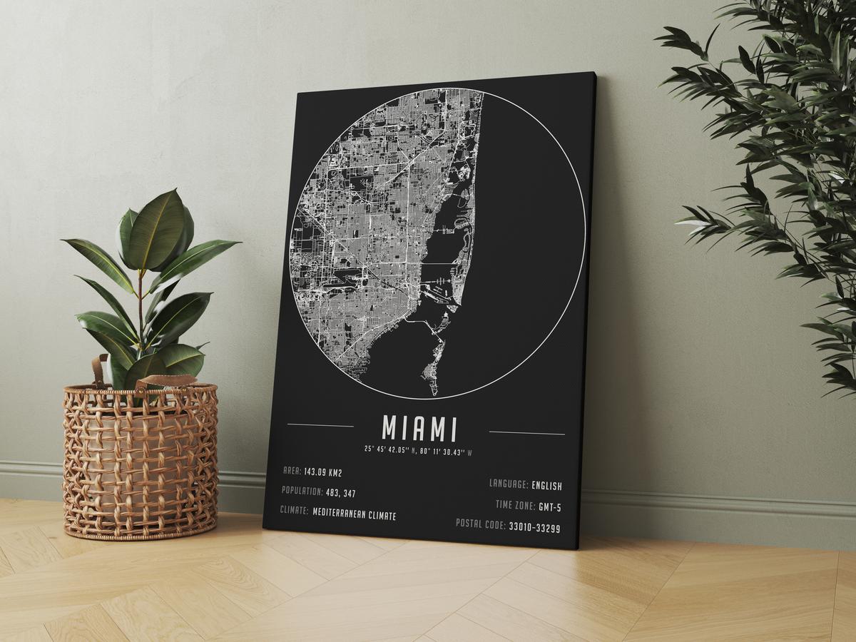 Miami temalı kanvas tablo, 50x70 cm, siyah beyaz, ahşap çerçeveli, modern minimalist duvar dekorasyonu için ideal tasarım