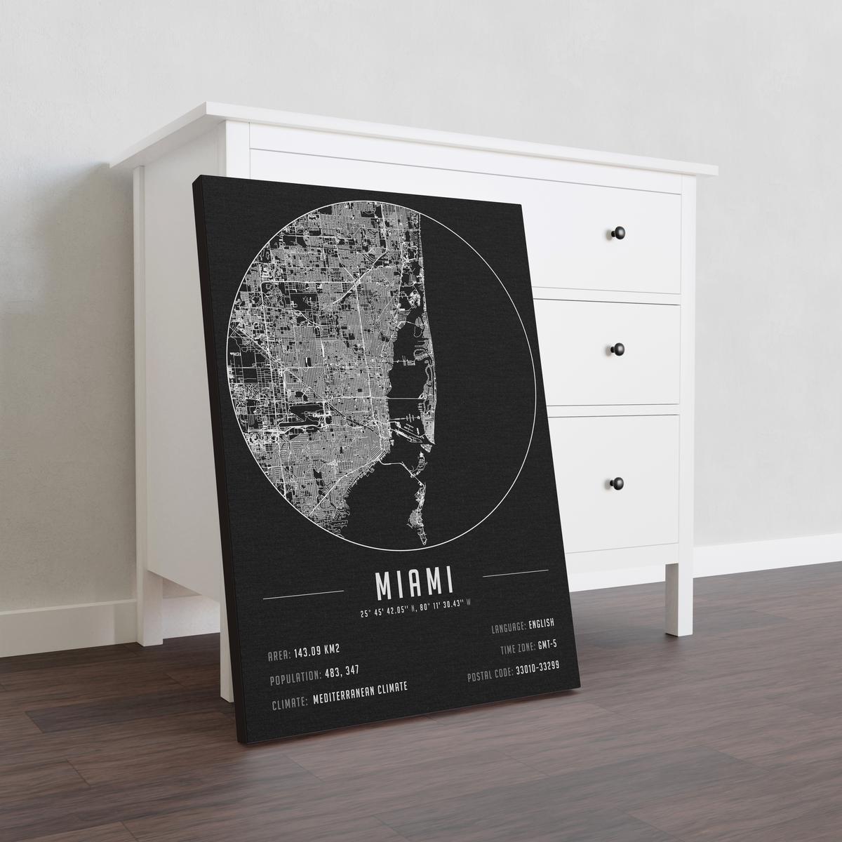 Miami temalı kanvas tablo, 50x70 cm, siyah beyaz, ahşap çerçeveli, modern minimalist duvar dekorasyonu için ideal tasarım