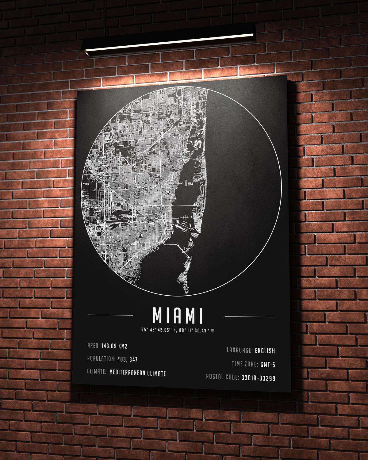 Miami temalı kanvas tablo, 50x70 cm, siyah beyaz, ahşap çerçeveli, modern minimalist duvar dekorasyonu için ideal tasarım