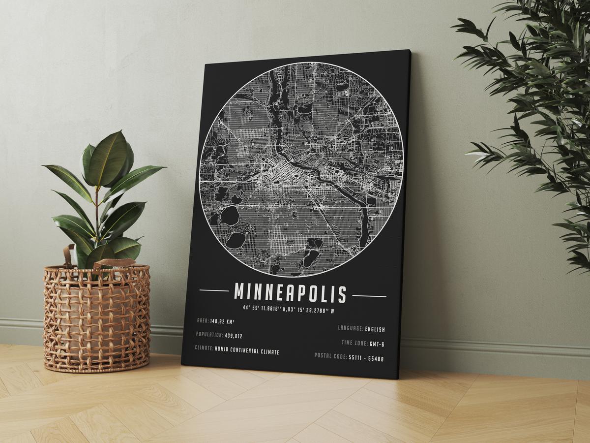 Minneapolis temalı kanvas tablo, 50x70 cm, siyah beyaz, ahşap çerçeveli, modern minimal duvar dekorasyonu için ideal tasarım