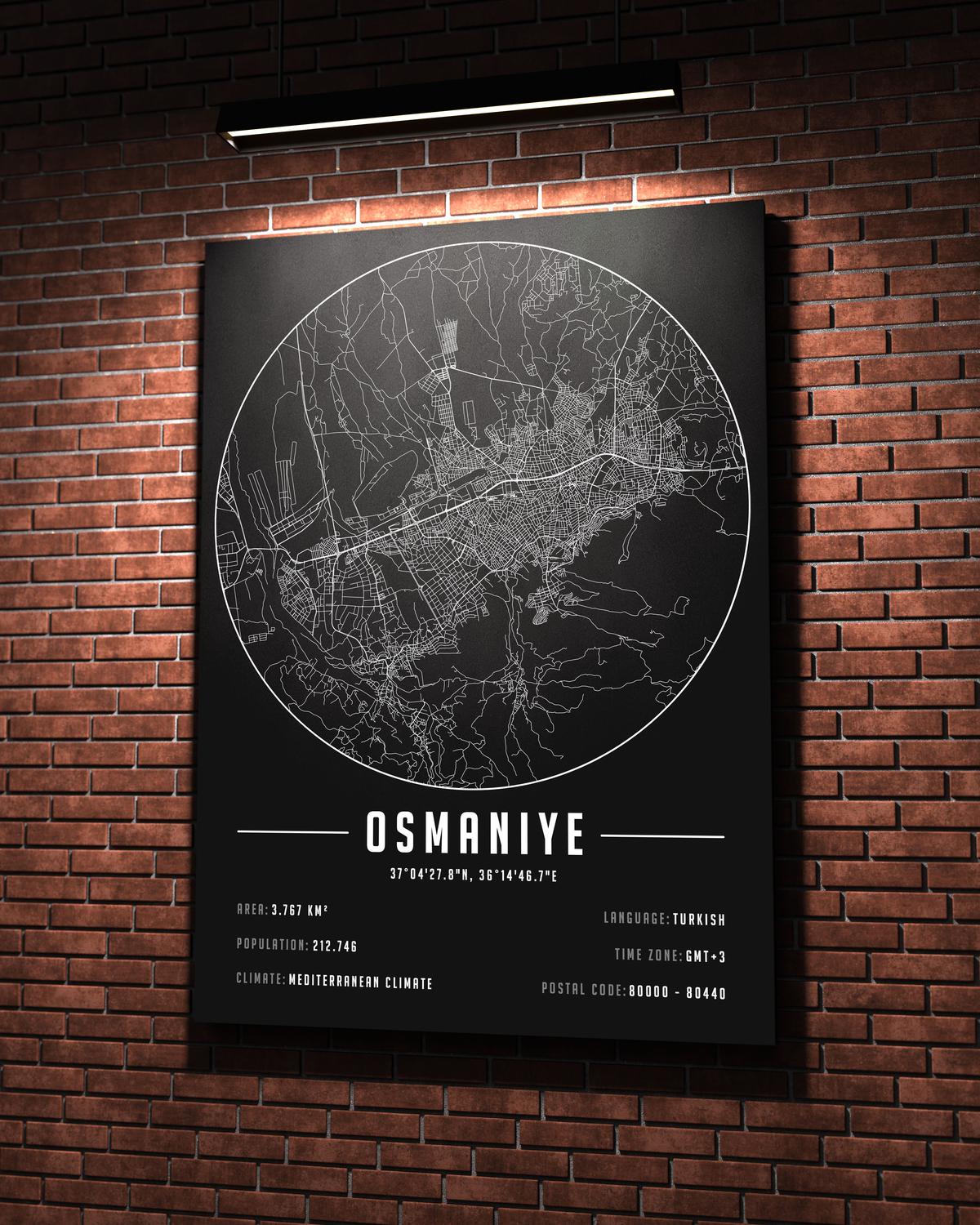 Osmaniye temalı kanvas tablo, 50x70 cm, siyah beyaz, ahşap çerçeveli, modern minimalist duvar dekorasyonu için ideal tasarım
