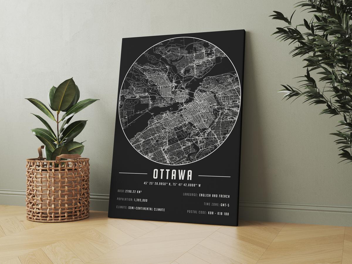 Ottawa temalı kanvas tablo, 50x70 cm, siyah beyaz, ahşap çerçeveli, modern minimalist duvar dekorasyonu için ideal tasarım