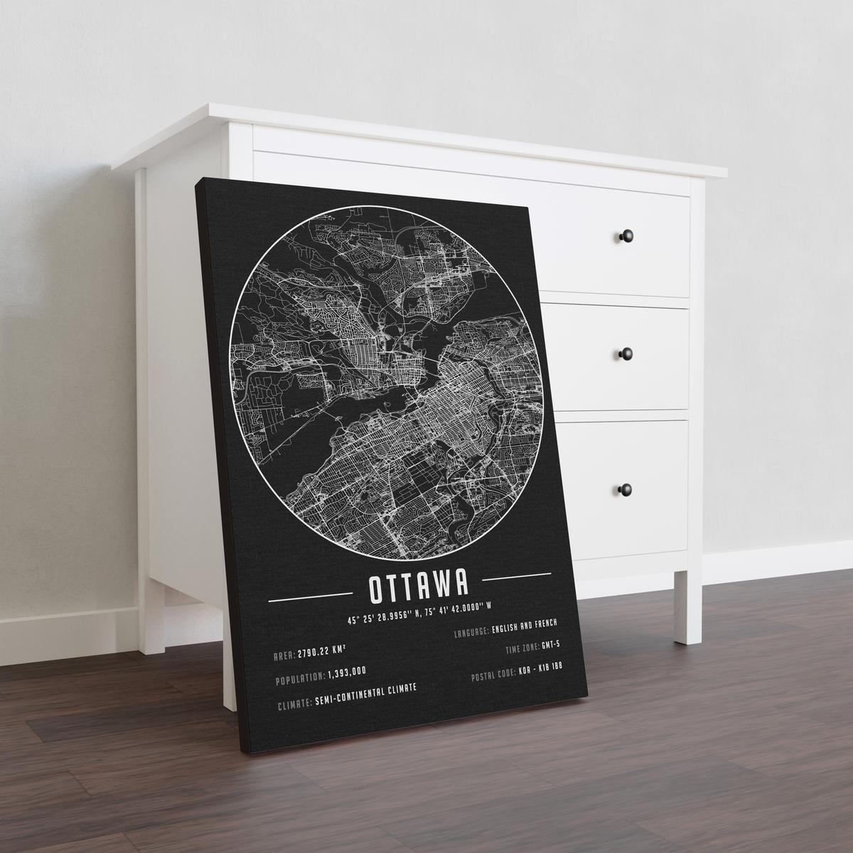 Ottawa temalı kanvas tablo, 50x70 cm, siyah beyaz, ahşap çerçeveli, modern minimalist duvar dekorasyonu için ideal tasarım
