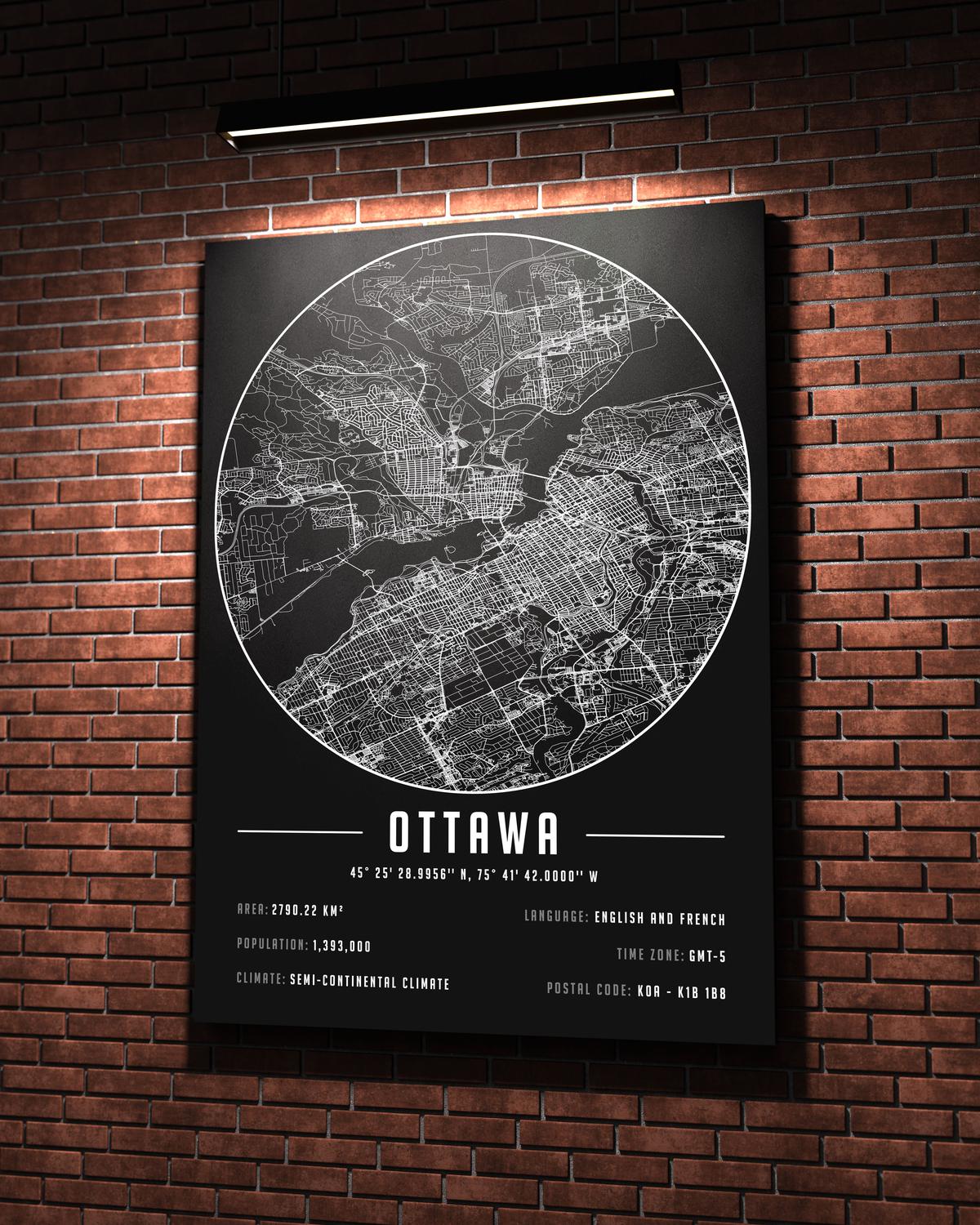 Ottawa temalı kanvas tablo, 50x70 cm, siyah beyaz, ahşap çerçeveli, modern minimalist duvar dekorasyonu için ideal tasarım
