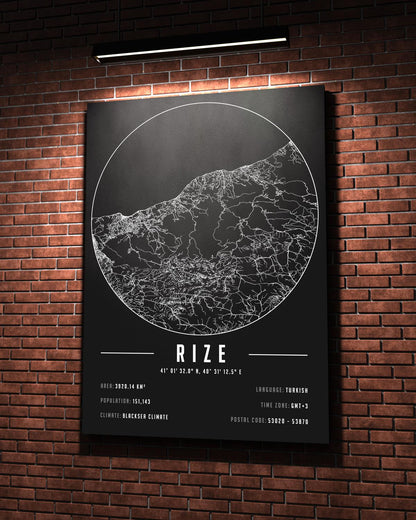 Rize Şehir Haritası 50 x 70 cm Kanvas Tablo