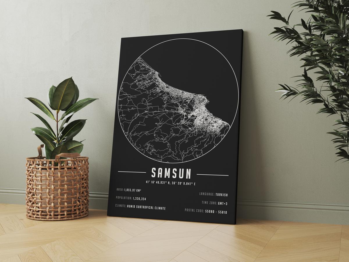Samsun temalı kanvas tablo, 50x70 cm, siyah beyaz, ahşap çerçeveli, modern minimalist duvar dekorasyonu için ideal tasarım