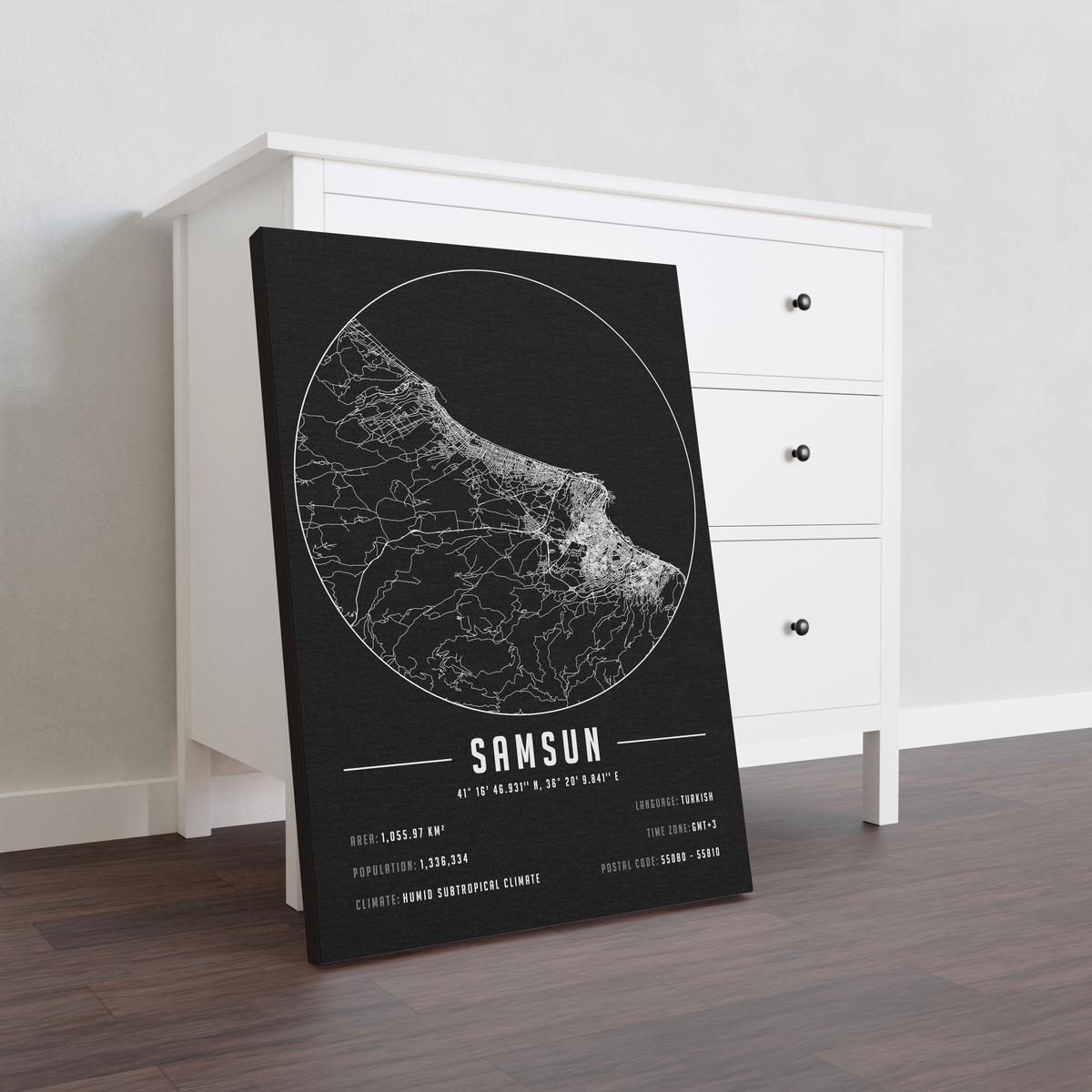 Samsun temalı kanvas tablo, 50x70 cm, siyah beyaz, ahşap çerçeveli, modern minimalist duvar dekorasyonu için ideal tasarım