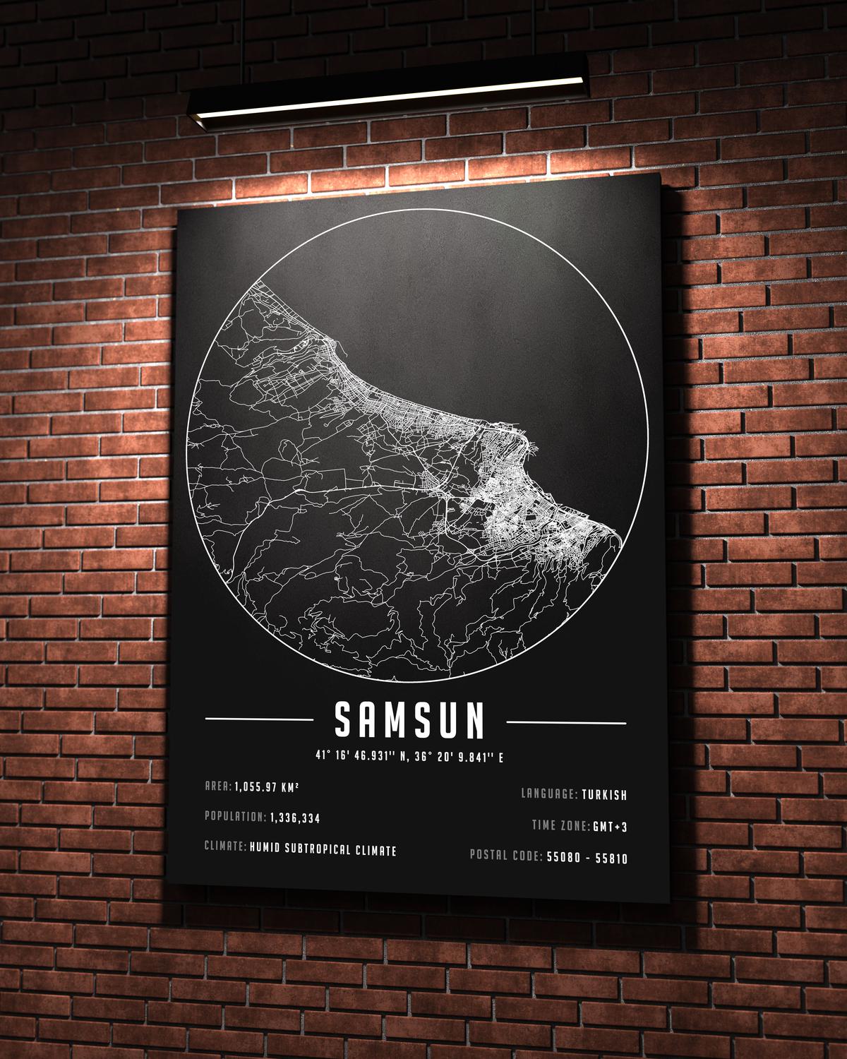 Samsun temalı kanvas tablo, 50x70 cm, siyah beyaz, ahşap çerçeveli, modern minimalist duvar dekorasyonu için ideal tasarım