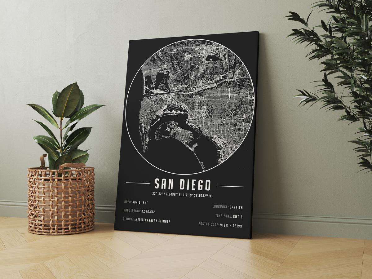 San Diego temalı kanvas tablo, 50x70 cm, siyah beyaz, ahşap çerçeveli, modern minimalist duvar dekorasyonu için ideal tasarım