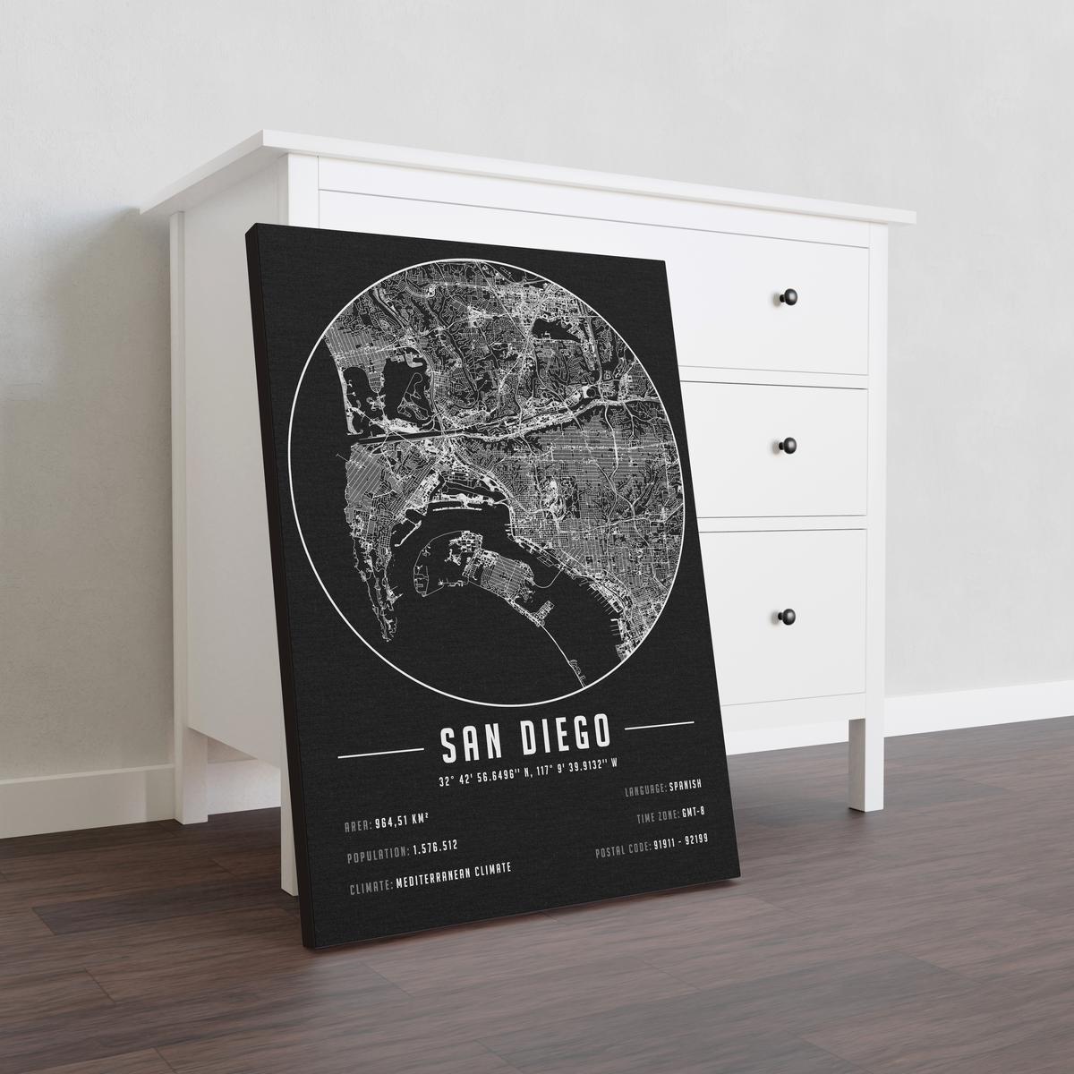 San Diego temalı kanvas tablo, 50x70 cm, siyah beyaz, ahşap çerçeveli, modern minimalist duvar dekorasyonu için ideal tasarım