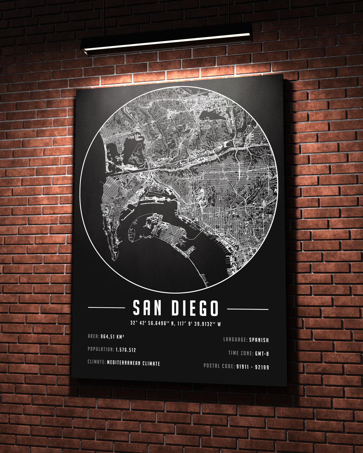San Diego temalı kanvas tablo, 50x70 cm, siyah beyaz, ahşap çerçeveli, modern minimalist duvar dekorasyonu için ideal tasarım