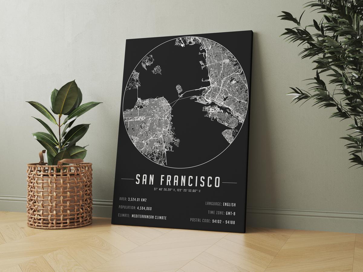 San Francisco temalı kanvas tablo, 50x70 cm, siyah beyaz, ahşap çerçeveli modern minimal duvar dekorasyonu için ideal tasarım