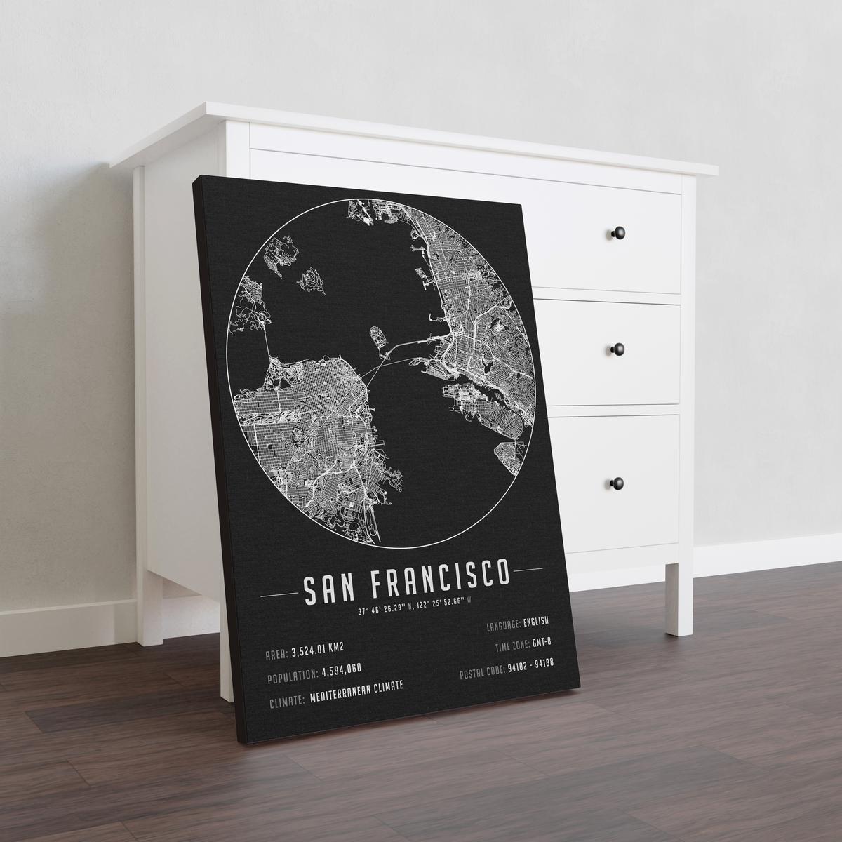 San Francisco temalı kanvas tablo, 50x70 cm, siyah beyaz, ahşap çerçeveli modern minimal duvar dekorasyonu için ideal tasarım