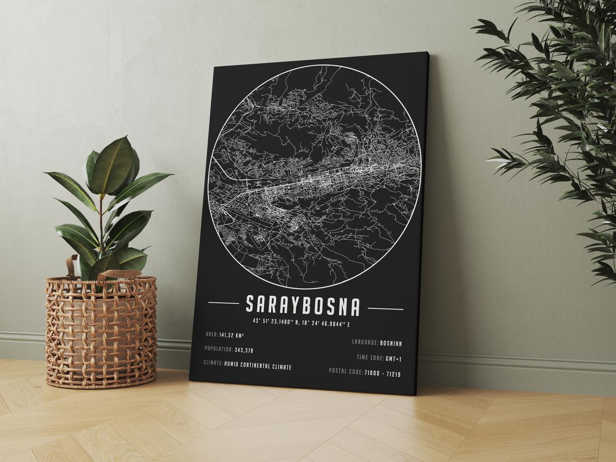Saraybosna temalı kanvas tablo, 50x70 cm, siyah beyaz, ahşap çerçeveli, modern minimal duvar dekorasyonu için ideal tasarım