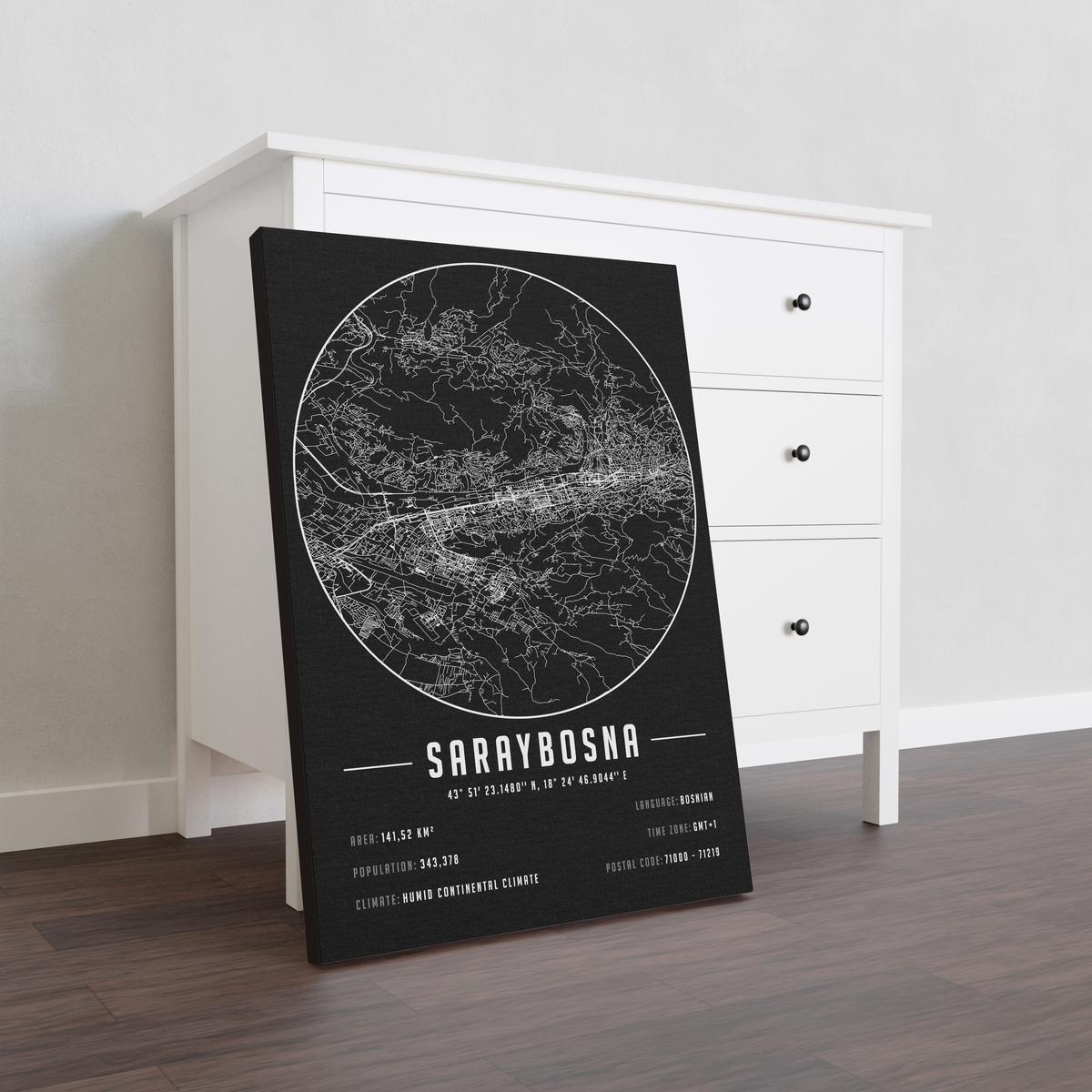 Saraybosna temalı kanvas tablo, 50x70 cm, siyah beyaz, ahşap çerçeveli, modern minimal duvar dekorasyonu için ideal tasarım
