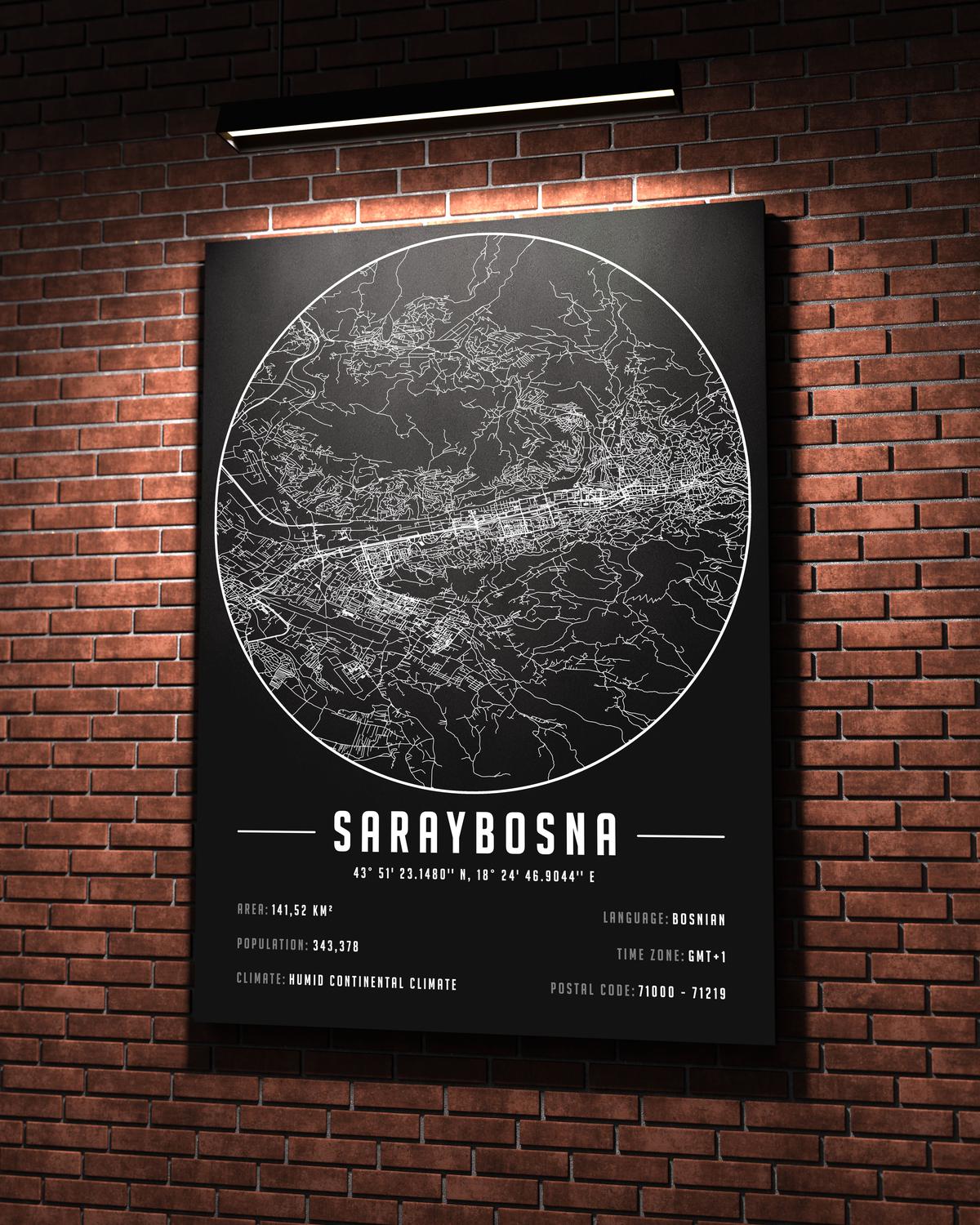 Saraybosna temalı kanvas tablo, 50x70 cm, siyah beyaz, ahşap çerçeveli, modern minimal duvar dekorasyonu için ideal tasarım