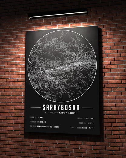 Saraybosna Şehir Haritası 50 x 70 cm Kanvas Tablo