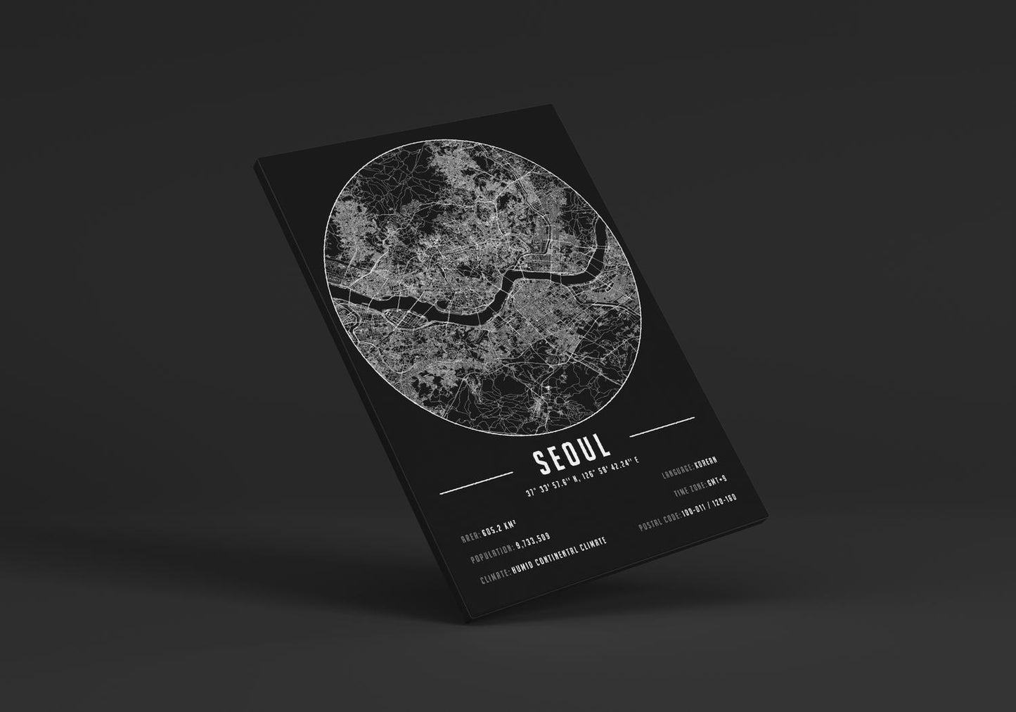 Seoul temalı kanvas tablo, 50x70 cm, siyah beyaz, ahşap çerçeveli, modern minimalist duvar dekorasyonu için ideal tasarım
