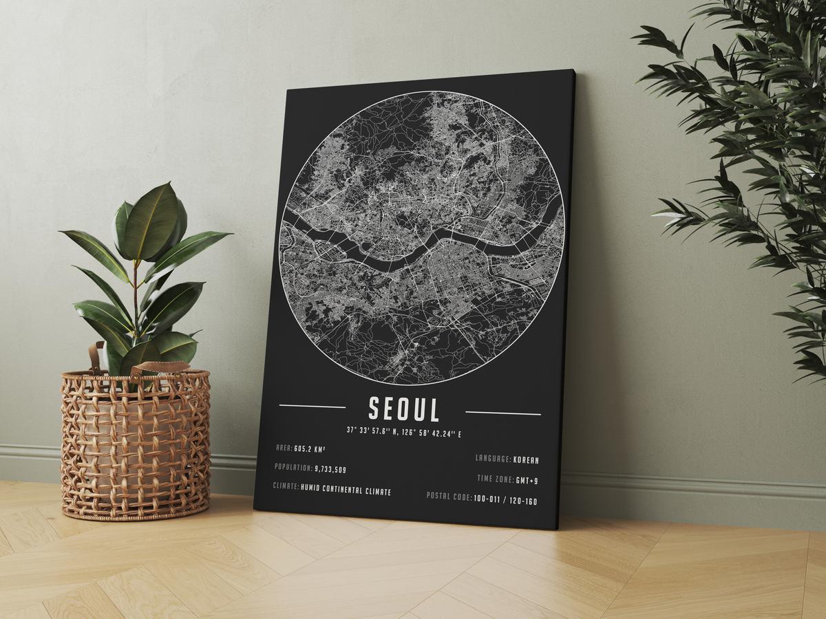 Seoul temalı kanvas tablo, 50x70 cm, siyah beyaz, ahşap çerçeveli, modern minimalist duvar dekorasyonu için ideal tasarım
