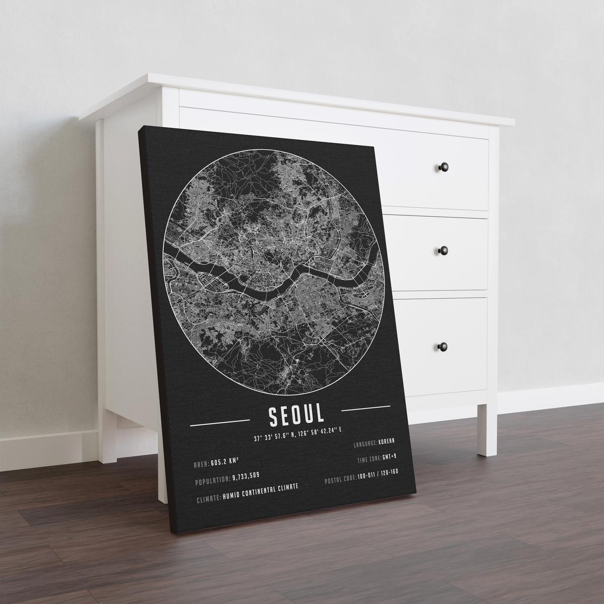 Seoul temalı kanvas tablo, 50x70 cm, siyah beyaz, ahşap çerçeveli, modern minimalist duvar dekorasyonu için ideal tasarım
