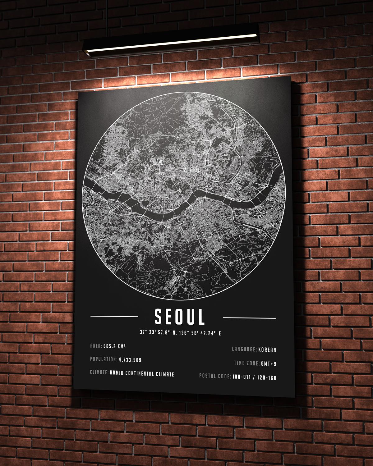 Seoul temalı kanvas tablo, 50x70 cm, siyah beyaz, ahşap çerçeveli, modern minimalist duvar dekorasyonu için ideal tasarım
