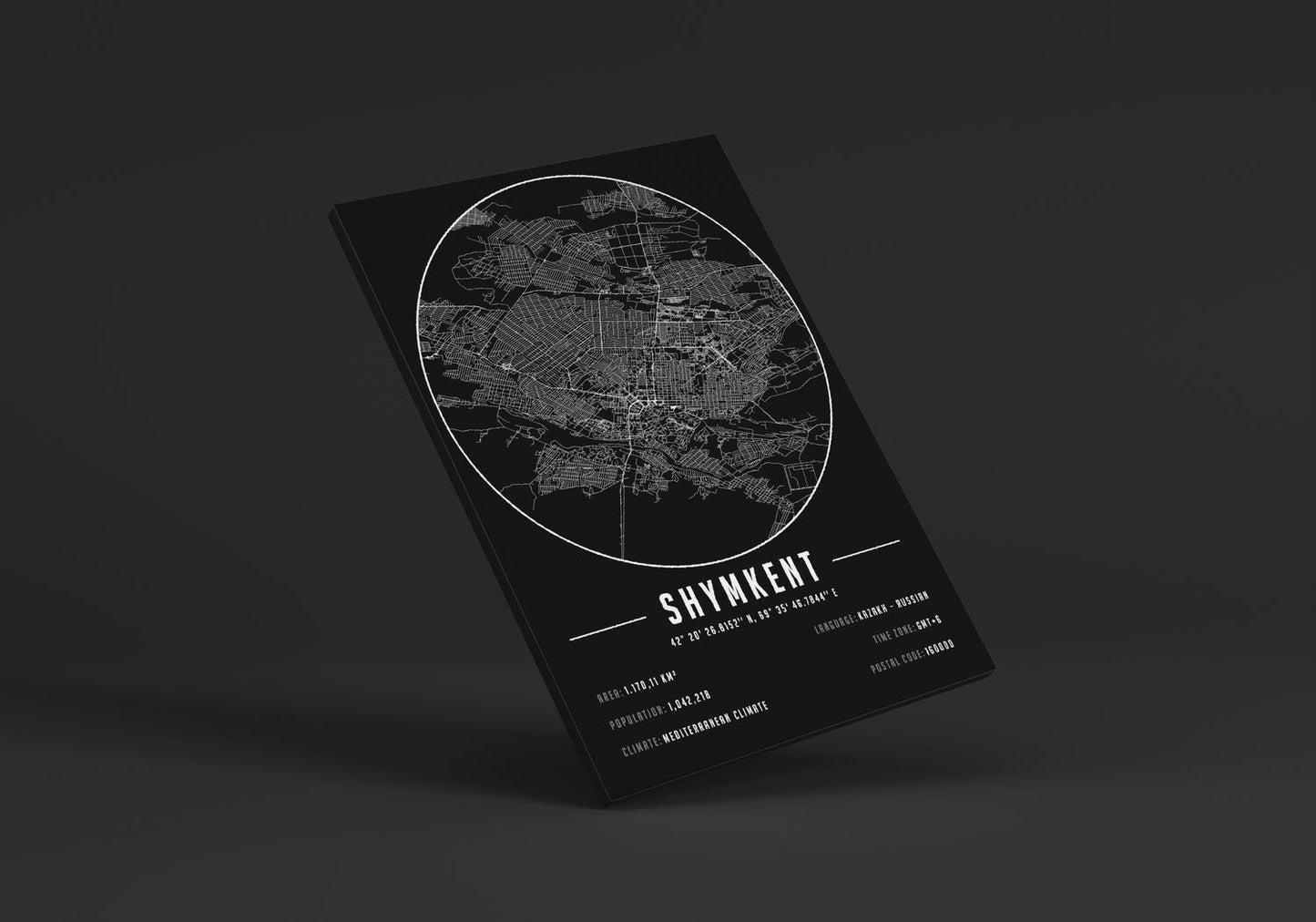 Shymkent temalı kanvas tablo, 50x70 cm, siyah beyaz, ahşap çerçeveli, modern minimalist duvar dekorasyonu için ideal tasarım