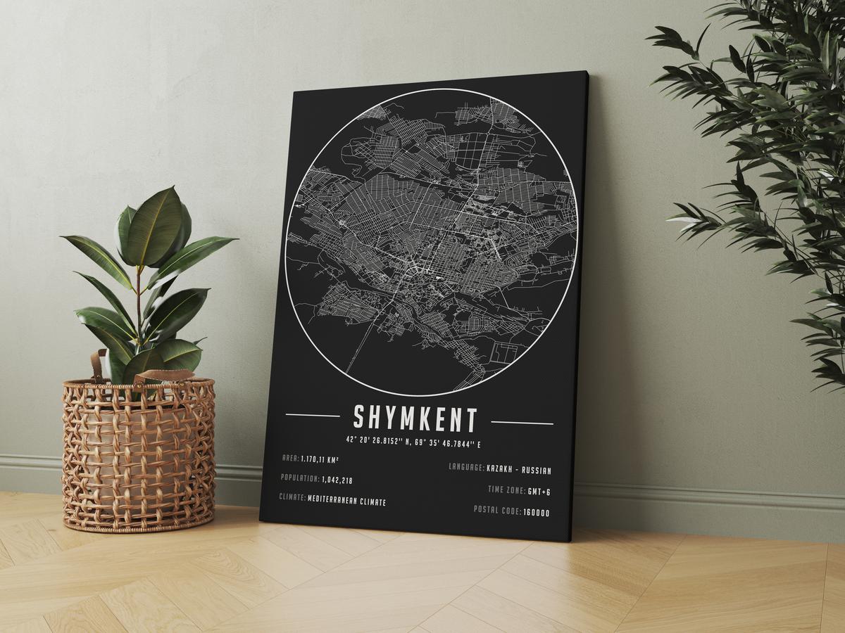 Shymkent temalı kanvas tablo, 50x70 cm, siyah beyaz, ahşap çerçeveli, modern minimalist duvar dekorasyonu için ideal tasarım