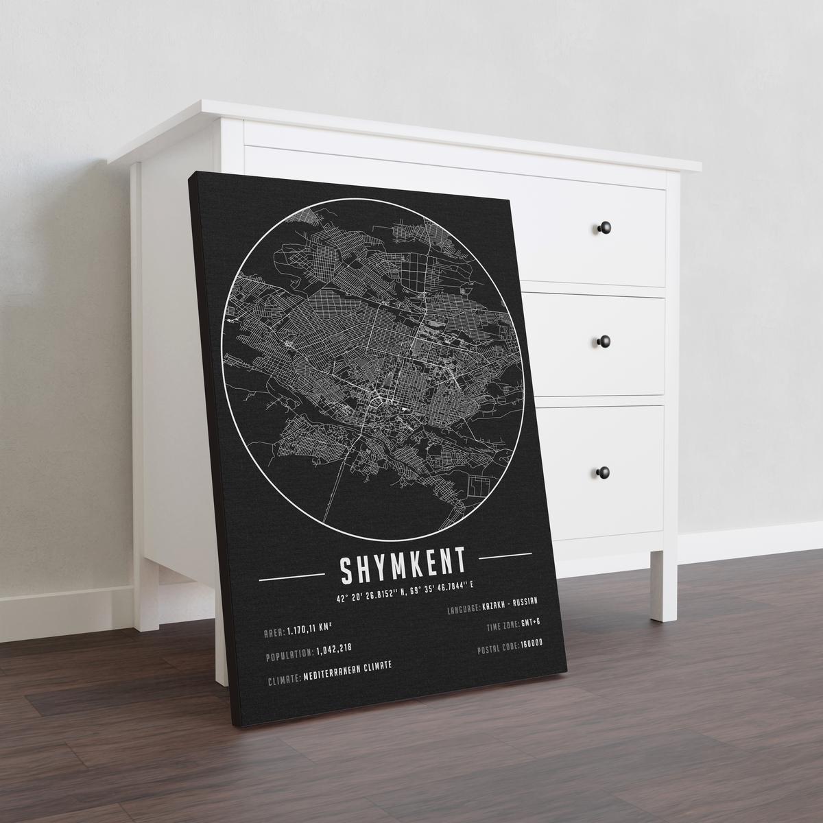 Shymkent temalı kanvas tablo, 50x70 cm, siyah beyaz, ahşap çerçeveli, modern minimalist duvar dekorasyonu için ideal tasarım
