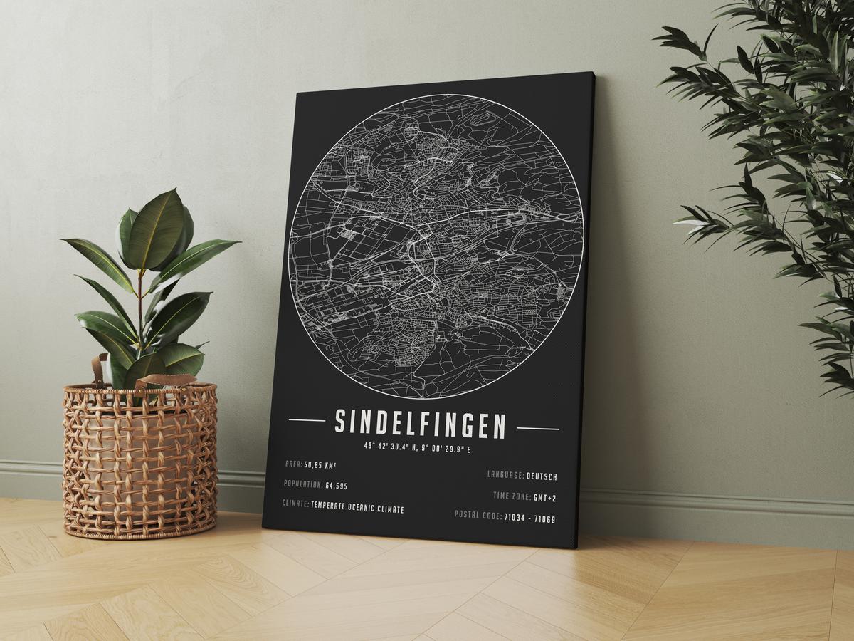 Sindelfingen temalı kanvas tablo, 50x70 cm, siyah beyaz, ahşap çerçeveli, modern minimal duvar dekorasyonu için ideal tasarım