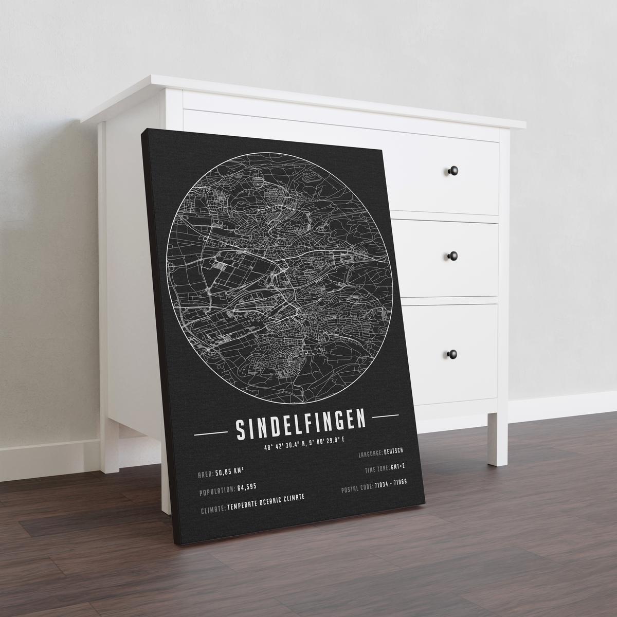 Sindelfingen temalı kanvas tablo, 50x70 cm, siyah beyaz, ahşap çerçeveli, modern minimal duvar dekorasyonu için ideal tasarım