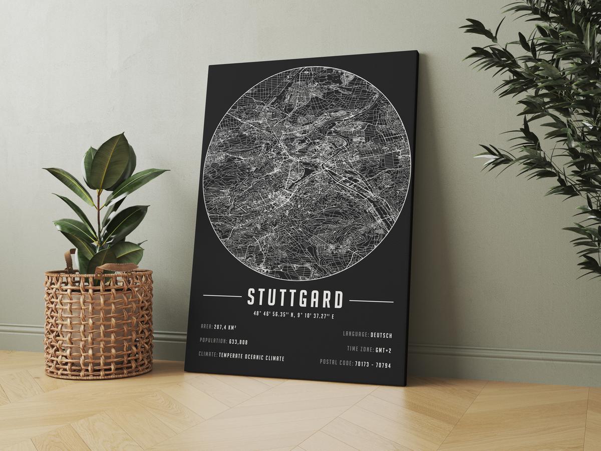 Stuttgard temalı kanvas tablo, 50x70 cm, siyah beyaz, ahşap çerçeveli, modern minimalist duvar dekorasyonu için ideal tasarım