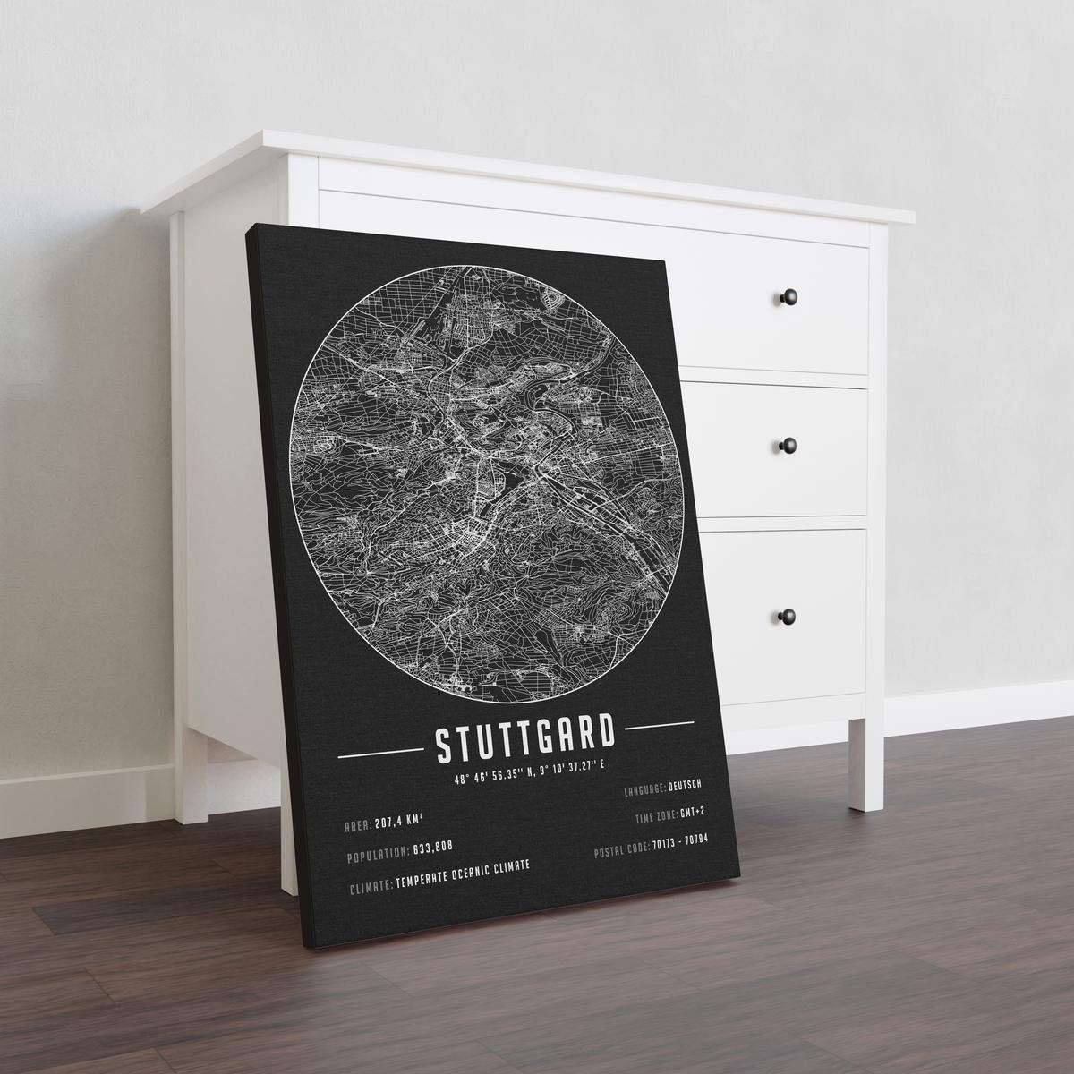 Stuttgard temalı kanvas tablo, 50x70 cm, siyah beyaz, ahşap çerçeveli, modern minimalist duvar dekorasyonu için ideal tasarım