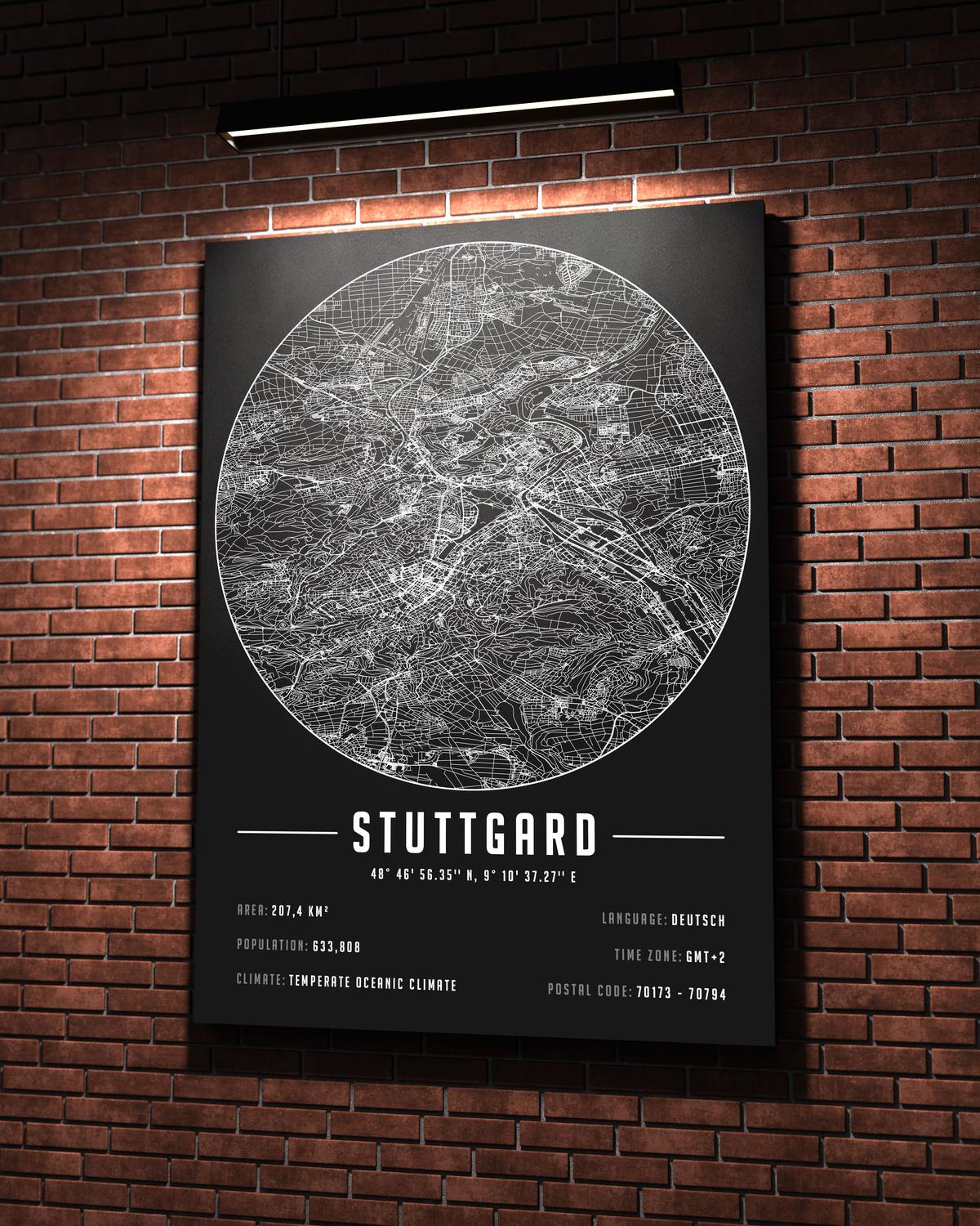 Stuttgard temalı kanvas tablo, 50x70 cm, siyah beyaz, ahşap çerçeveli, modern minimalist duvar dekorasyonu için ideal tasarım