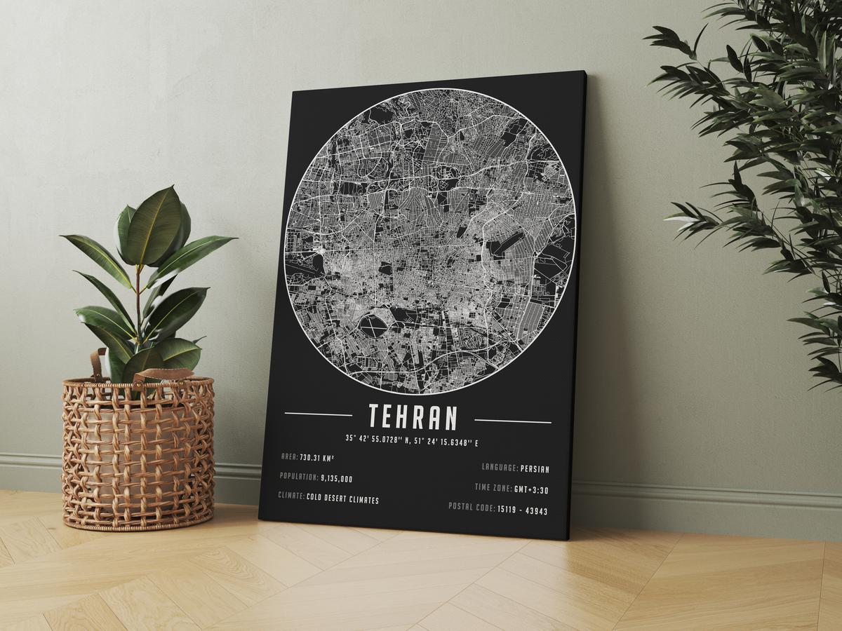 Tehran temalı kanvas tablo, 50x70 cm, siyah beyaz, ahşap çerçeveli, modern minimalist duvar dekorasyonu için ideal tasarım