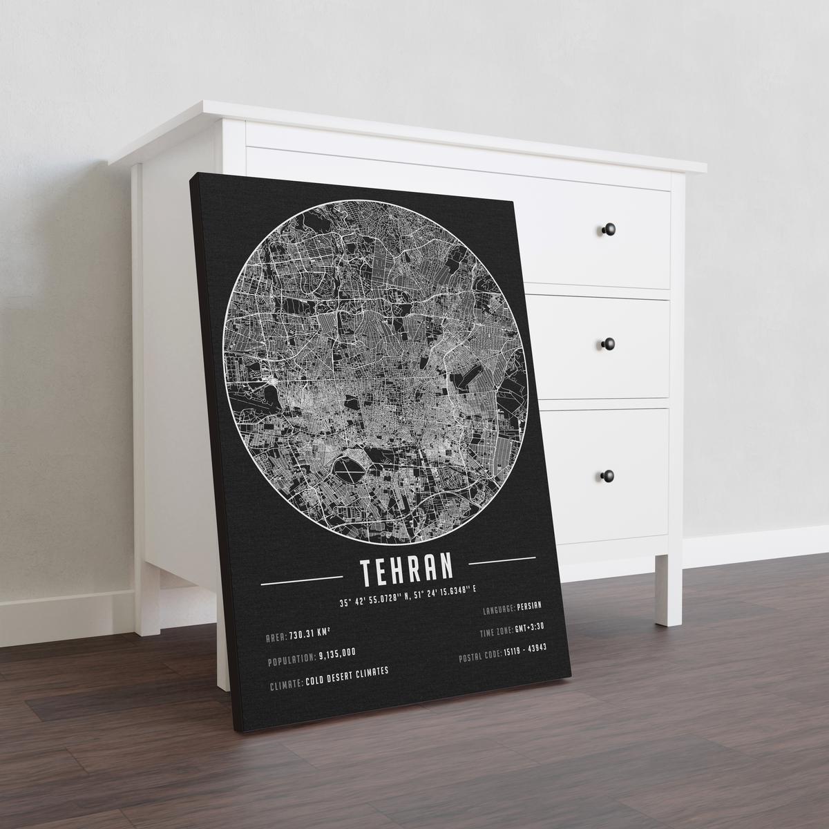Tehran temalı kanvas tablo, 50x70 cm, siyah beyaz, ahşap çerçeveli, modern minimalist duvar dekorasyonu için ideal tasarım
