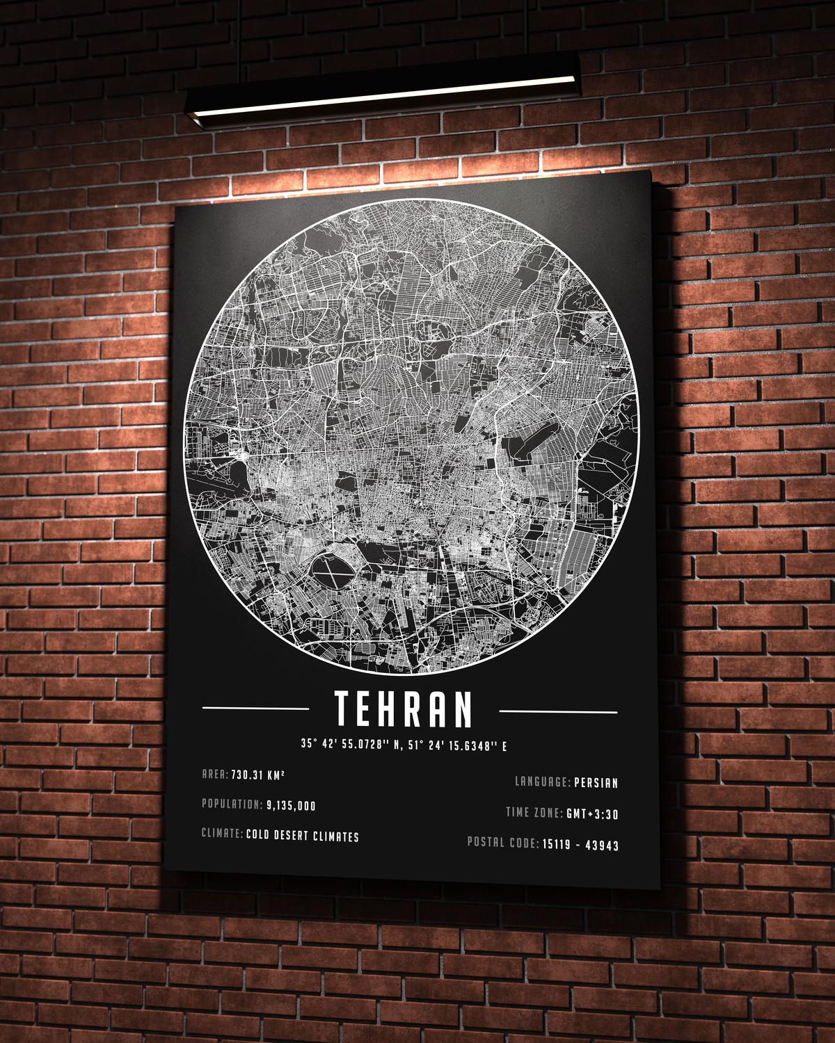 Tehran temalı kanvas tablo, 50x70 cm, siyah beyaz, ahşap çerçeveli, modern minimalist duvar dekorasyonu için ideal tasarım
