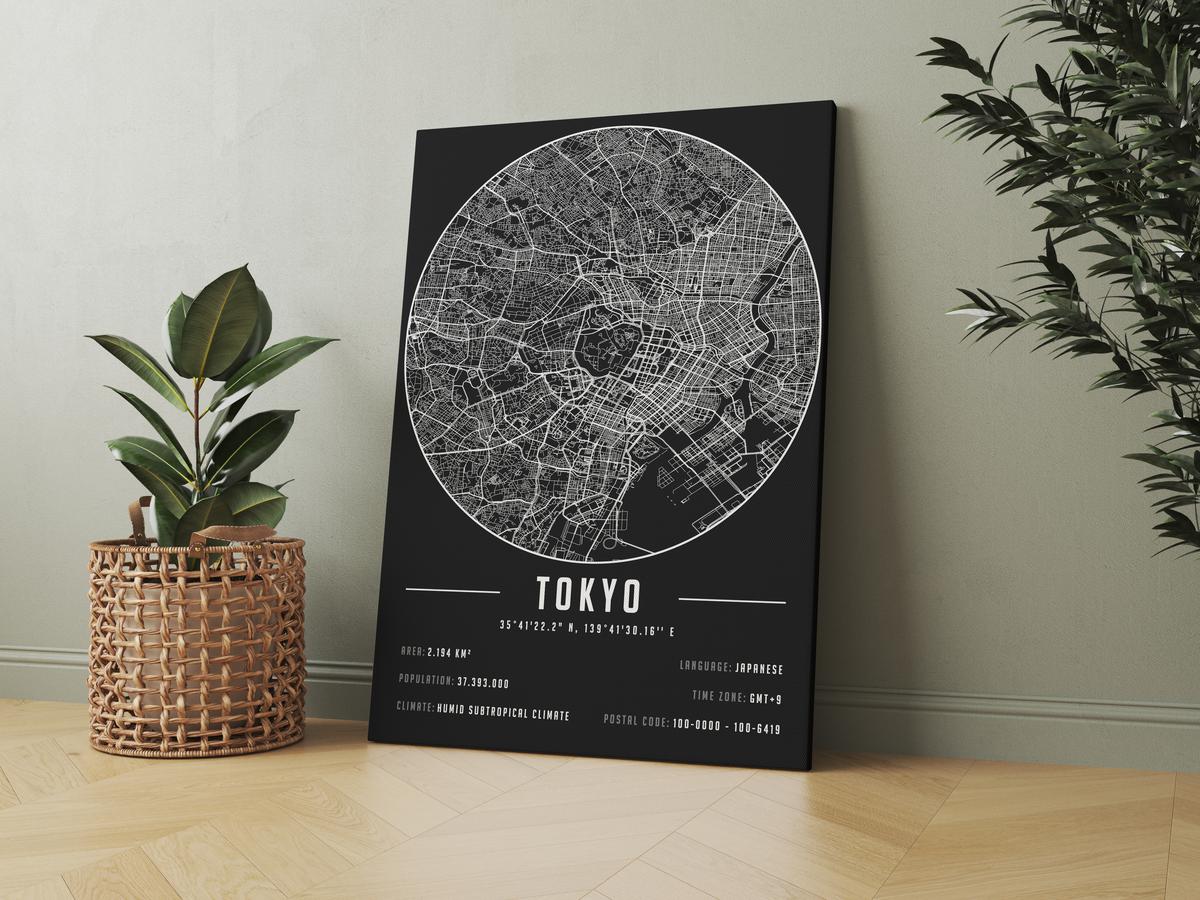 Tokyo temalı kanvas tablo, 50x70 cm, siyah beyaz, ahşap çerçeveli, modern minimalist duvar dekorasyonu için ideal tasarım